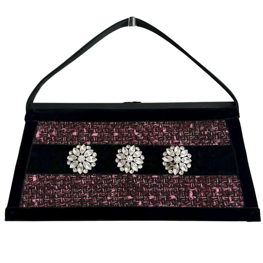 Pocket Full of Posies Black Pink Tweed Velvet Vintage Rhinestone Handbag